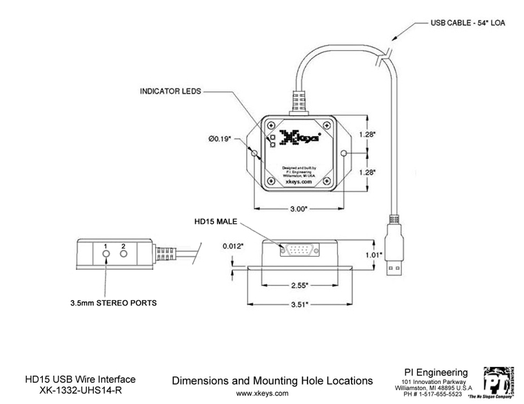 X-keys USB Wire Interface Dimensioned Drawing